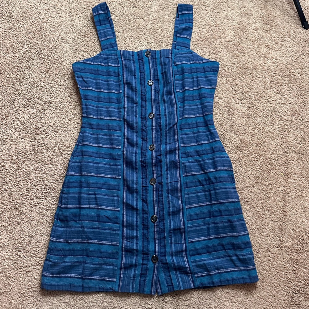 NEW Roxy Sweeter Dreams Short Dress Blue Striped Print Sz Large Button Down Surf